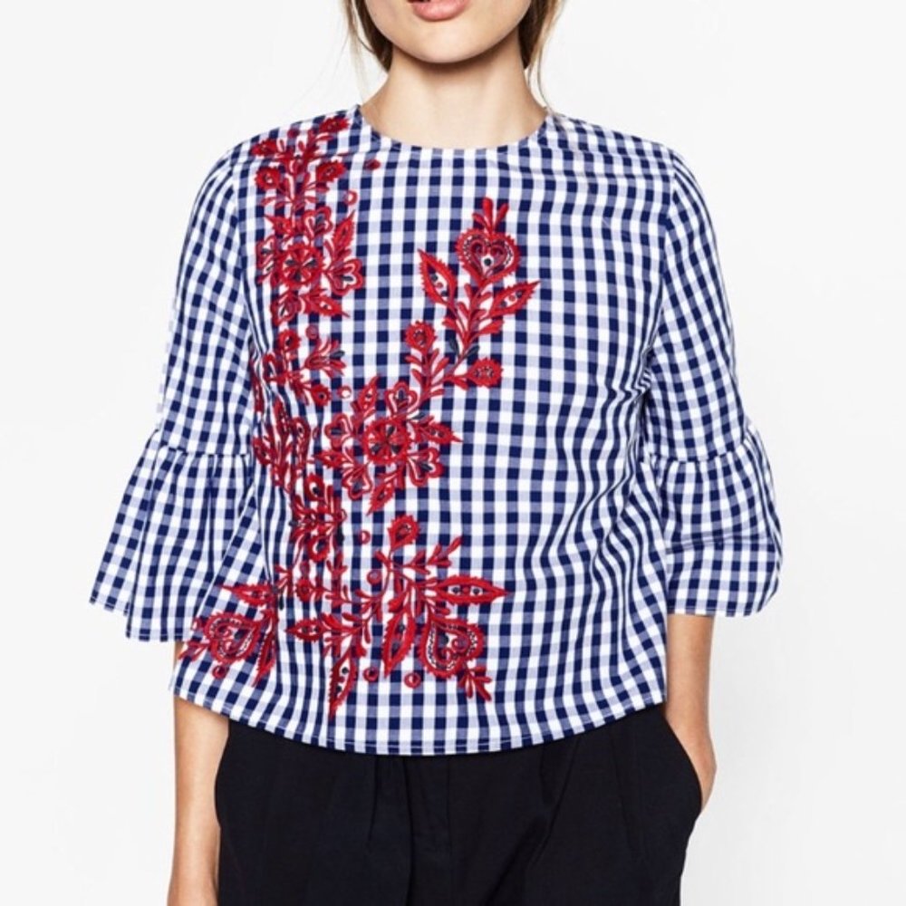 Zara Blue and White Gingham Top with Red Floral Embroidery X-Small